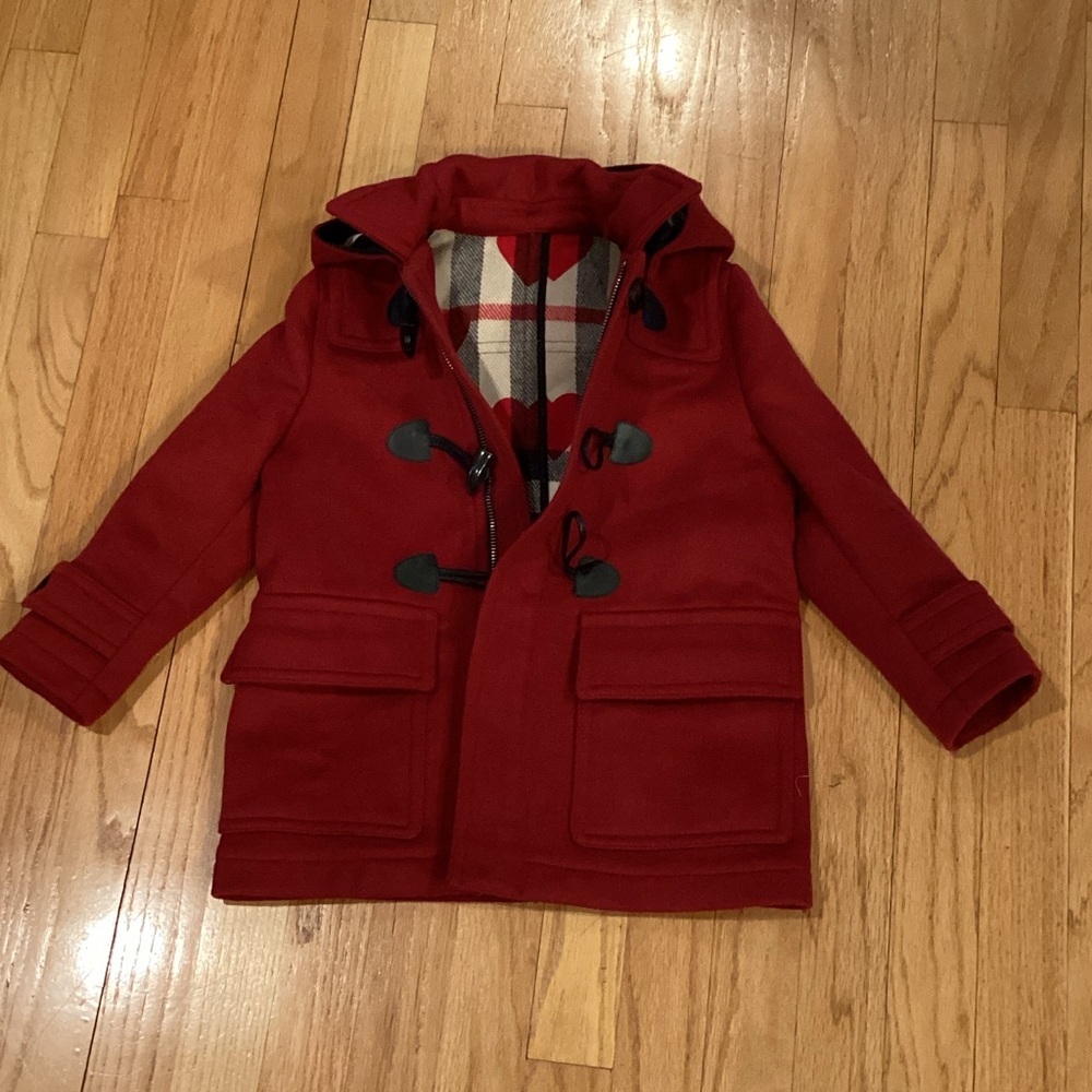 Burberry Kids Red Hooded Toggle Pea Coat with Heart Lining